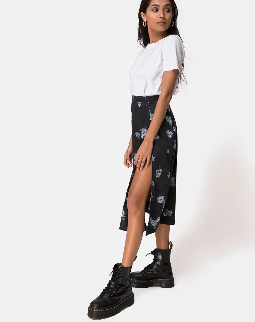 Saika Midi Skirt in Mono Flower Black