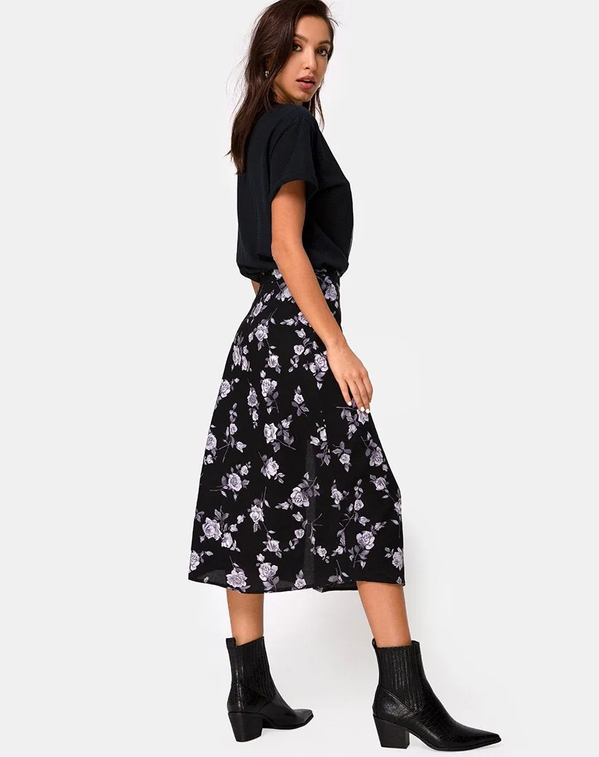 Saika Midi Skirt in White Rose Black