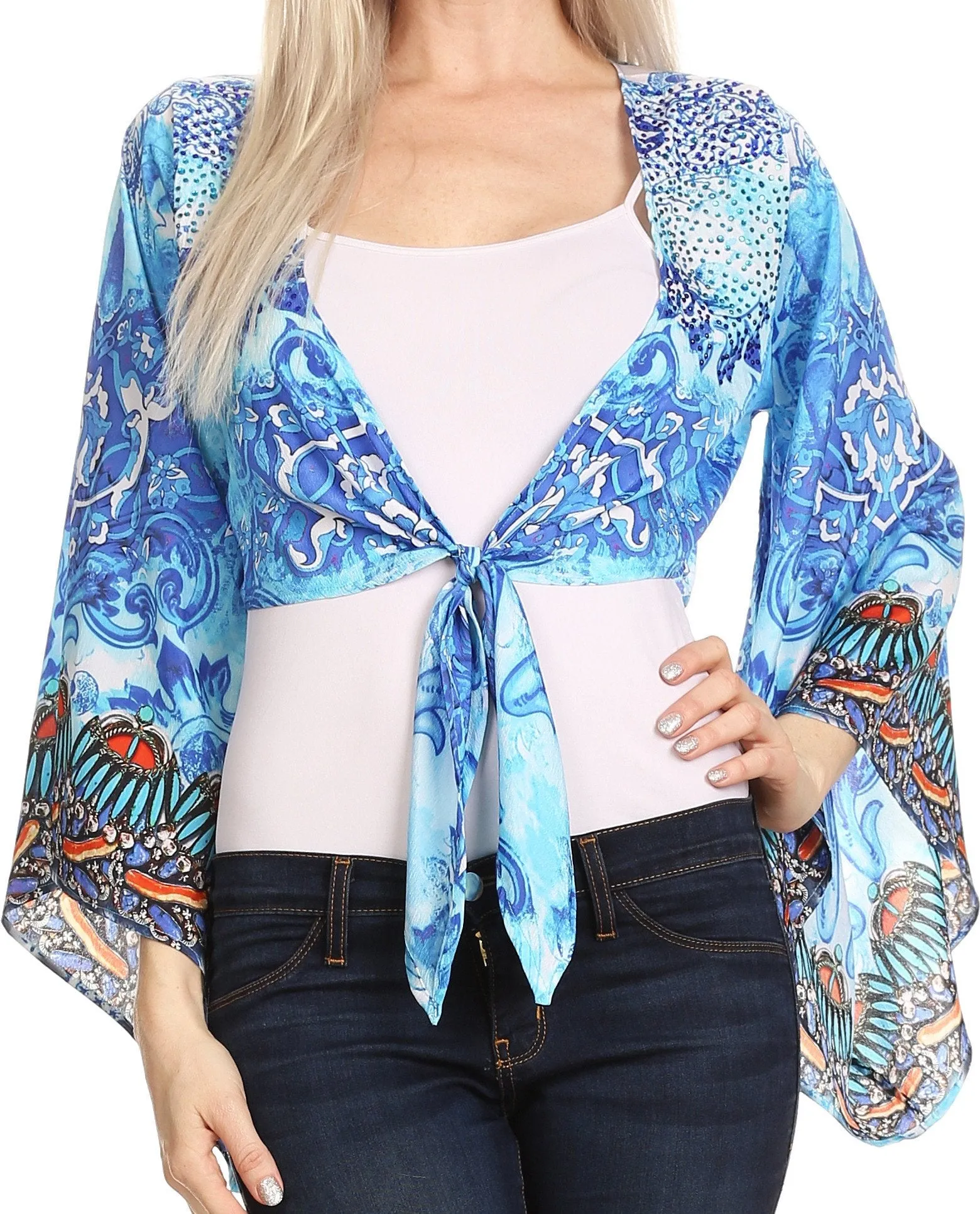 Sakkas Amita Printed Embellished Kaftan Front Tie Kimono Sleeve Crop Top Shrug