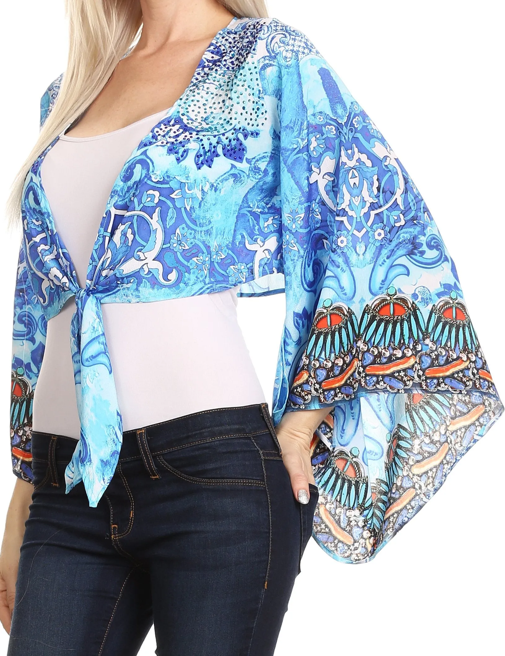 Sakkas Amita Printed Embellished Kaftan Front Tie Kimono Sleeve Crop Top Shrug