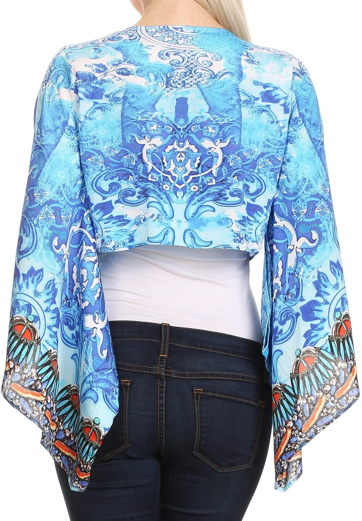 Sakkas Amita Printed Embellished Kaftan Front Tie Kimono Sleeve Crop Top Shrug