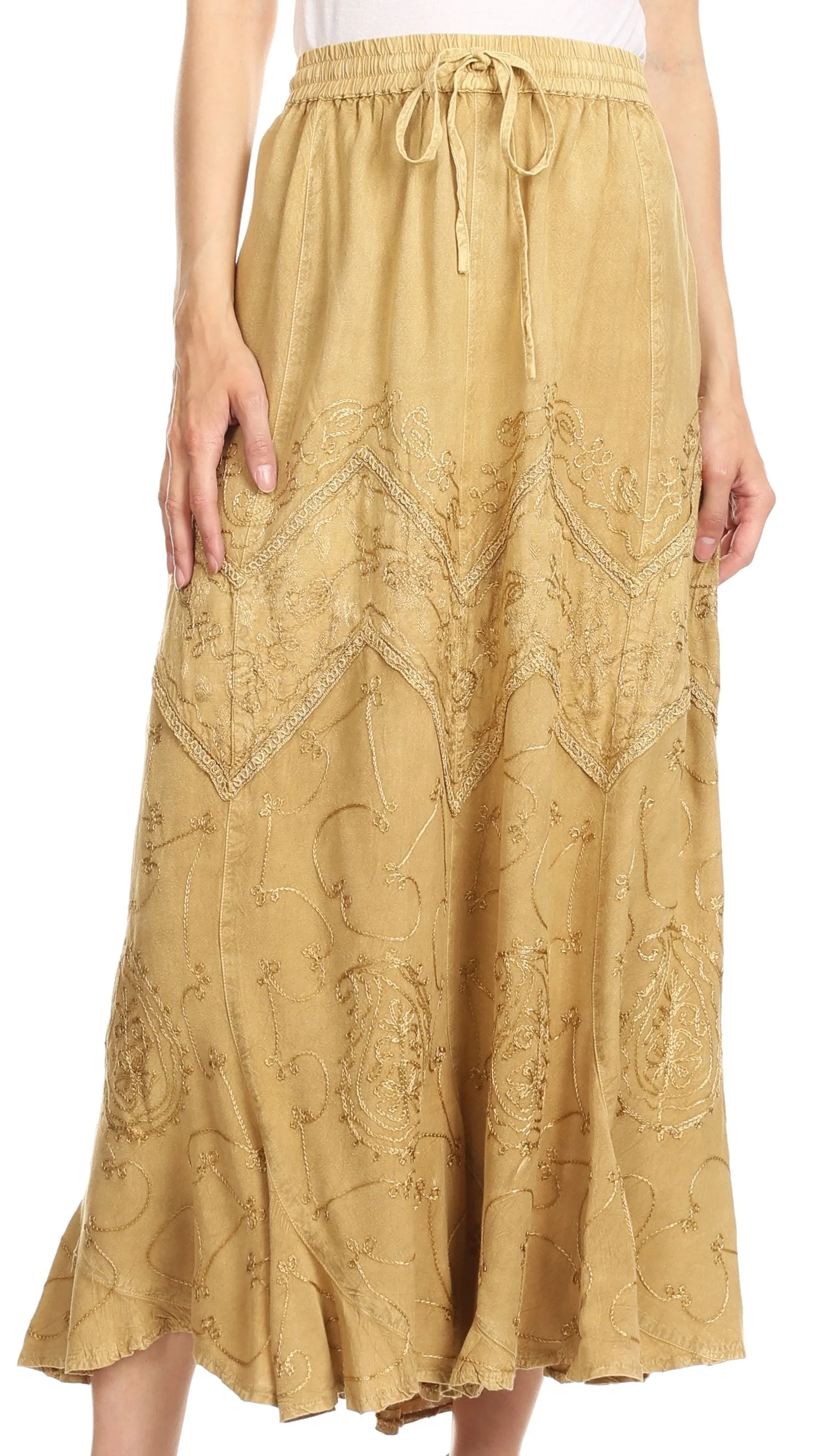 Sakkas Evelyn Womens Stonewashed Maxi Ruffle Skirt with Elastic Waist & Embroidery