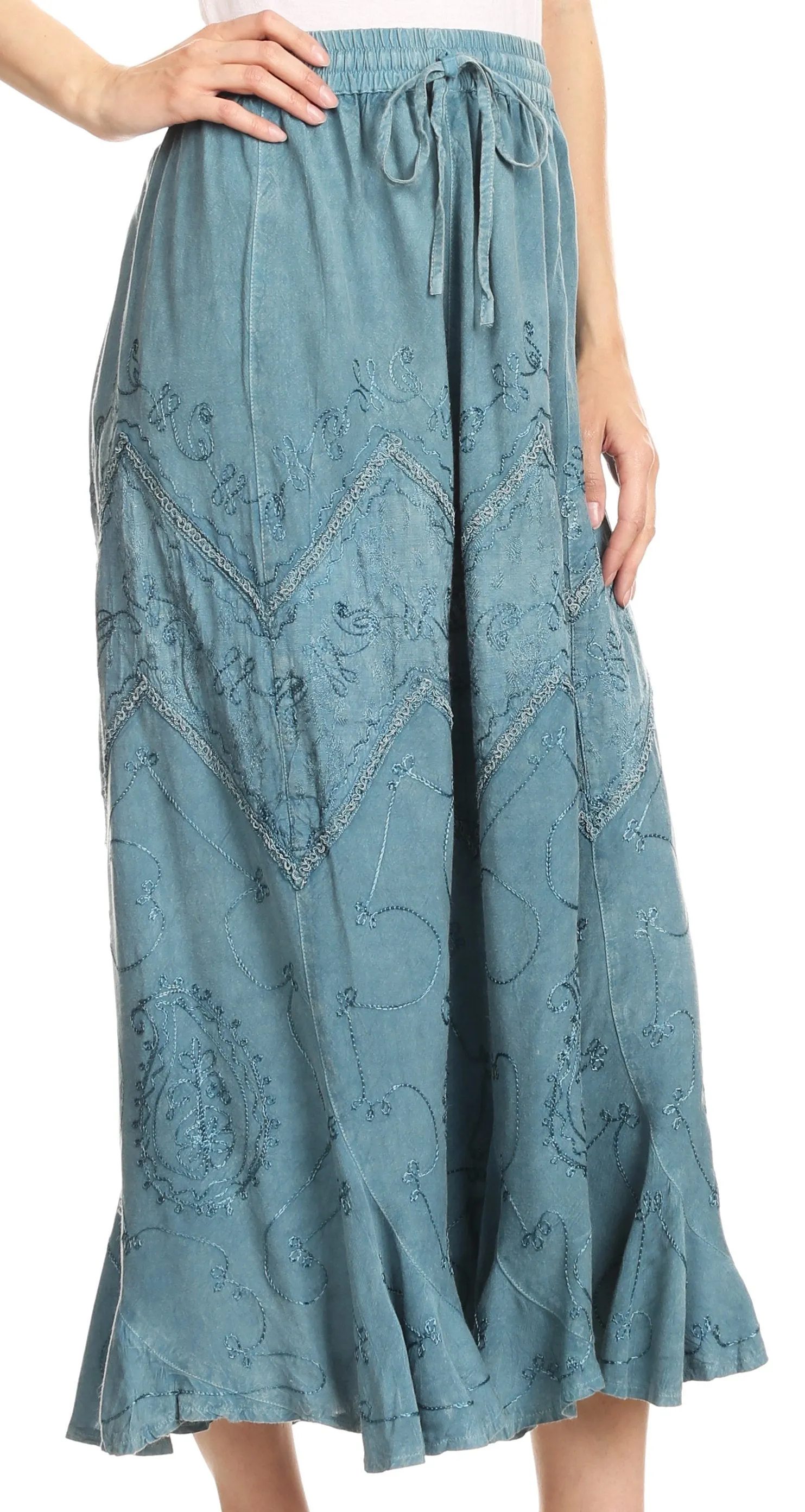 Sakkas Evelyn Womens Stonewashed Maxi Ruffle Skirt with Elastic Waist & Embroidery