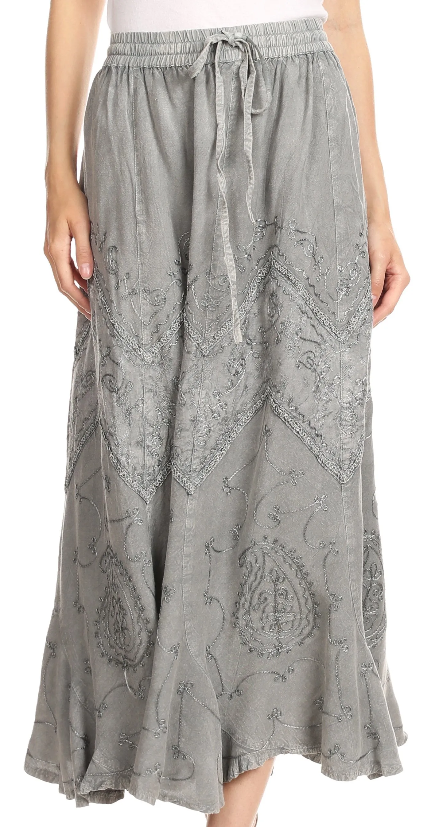 Sakkas Evelyn Womens Stonewashed Maxi Ruffle Skirt with Elastic Waist & Embroidery