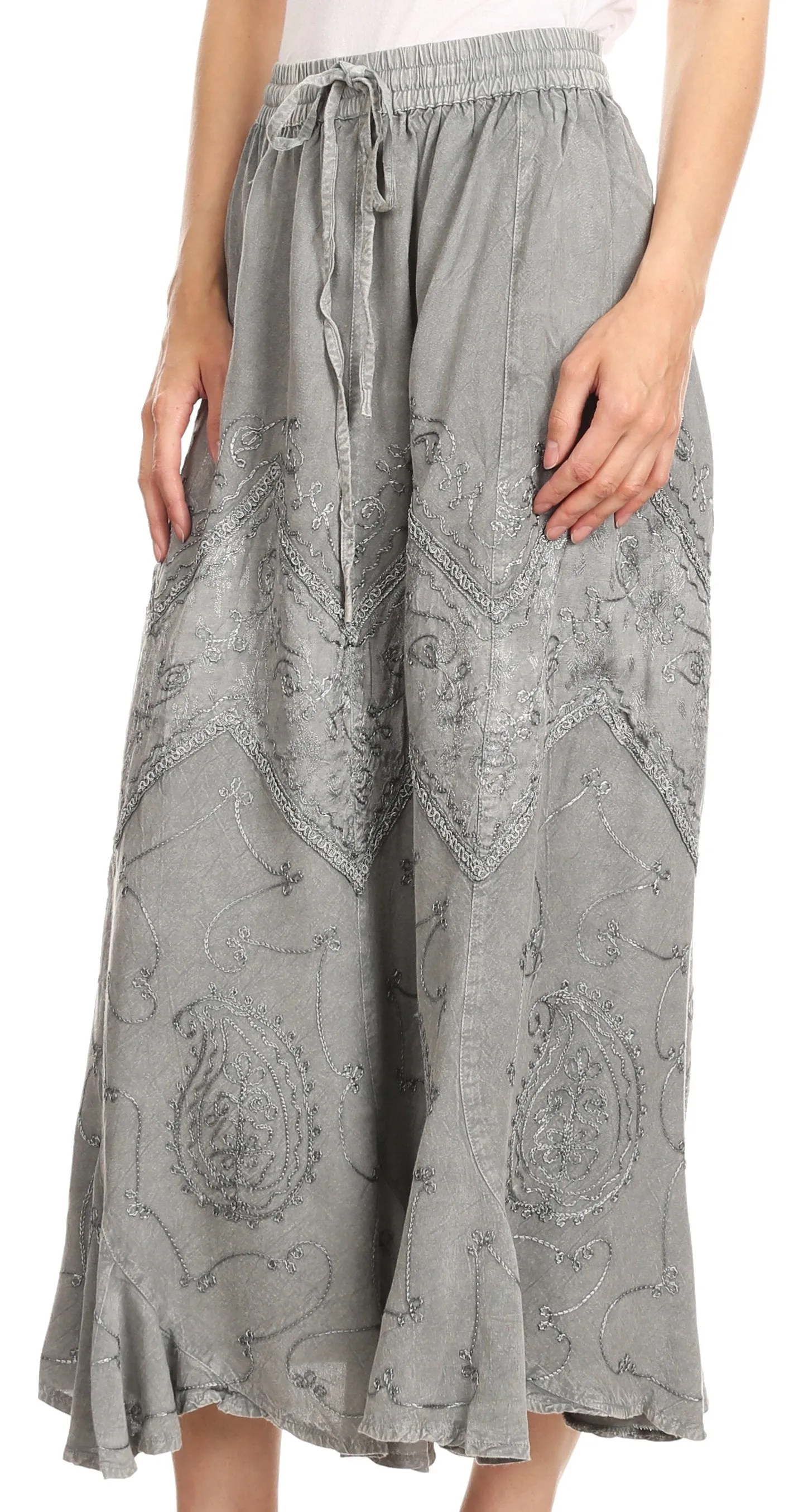 Sakkas Evelyn Womens Stonewashed Maxi Ruffle Skirt with Elastic Waist & Embroidery