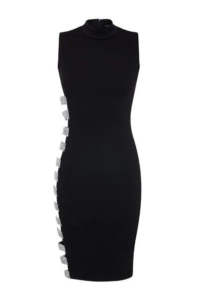 Scandal Black Exposed Rhinestone Cut Out Diamond Bodycon Midi Dress