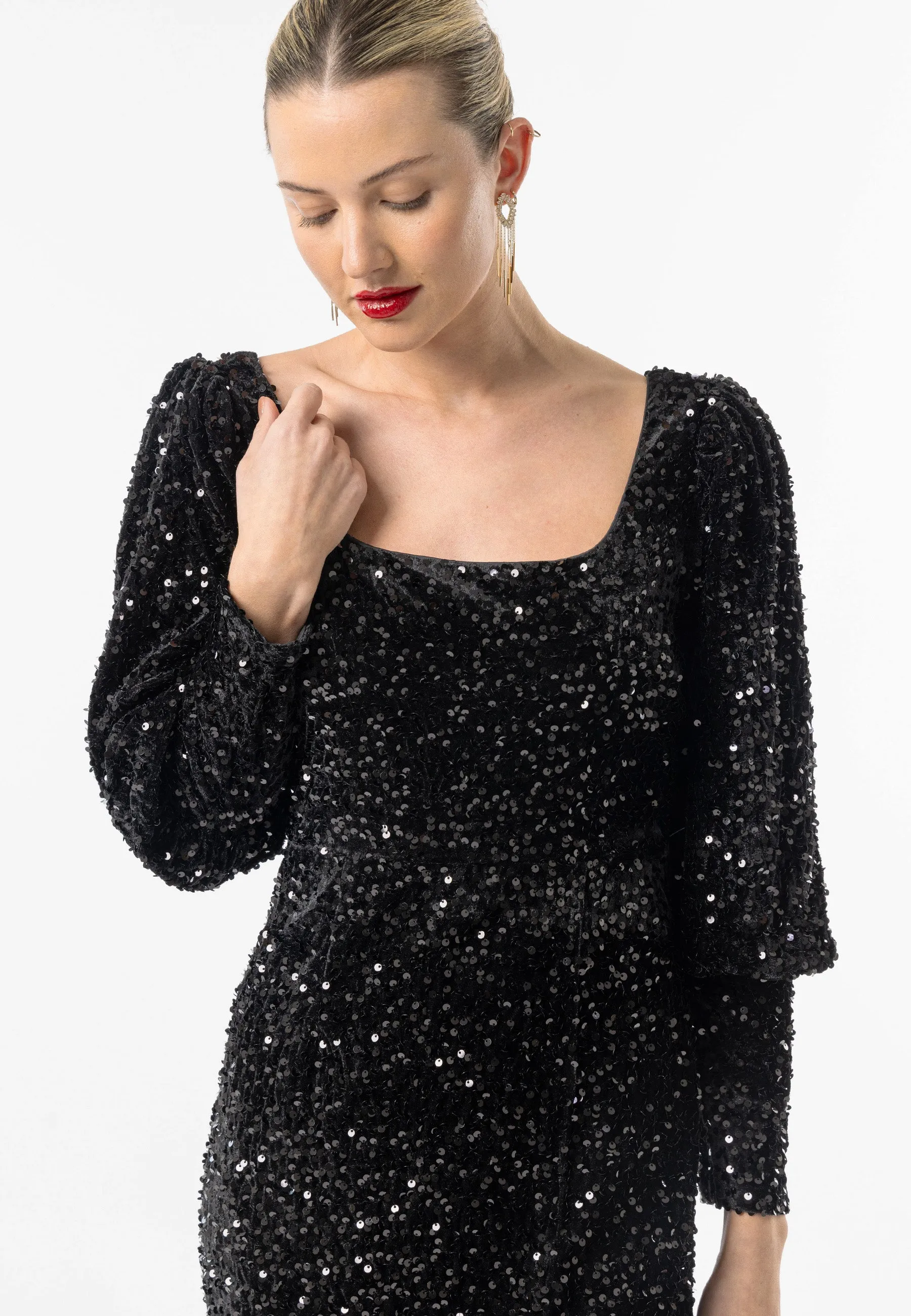 Sequin Velvet Bodycon Long Sleeve Evening Dress In Black