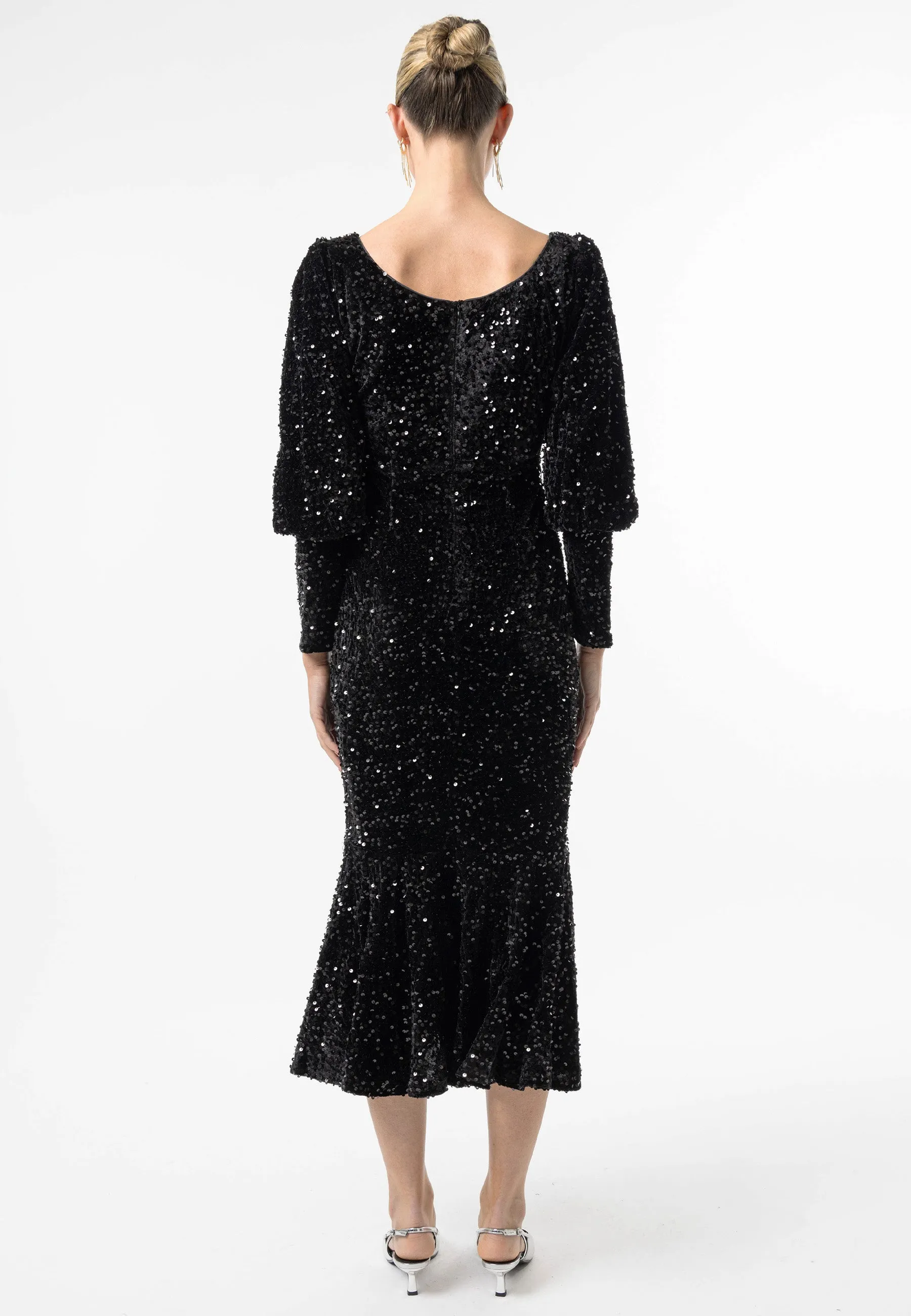 Sequin Velvet Bodycon Long Sleeve Evening Dress In Black