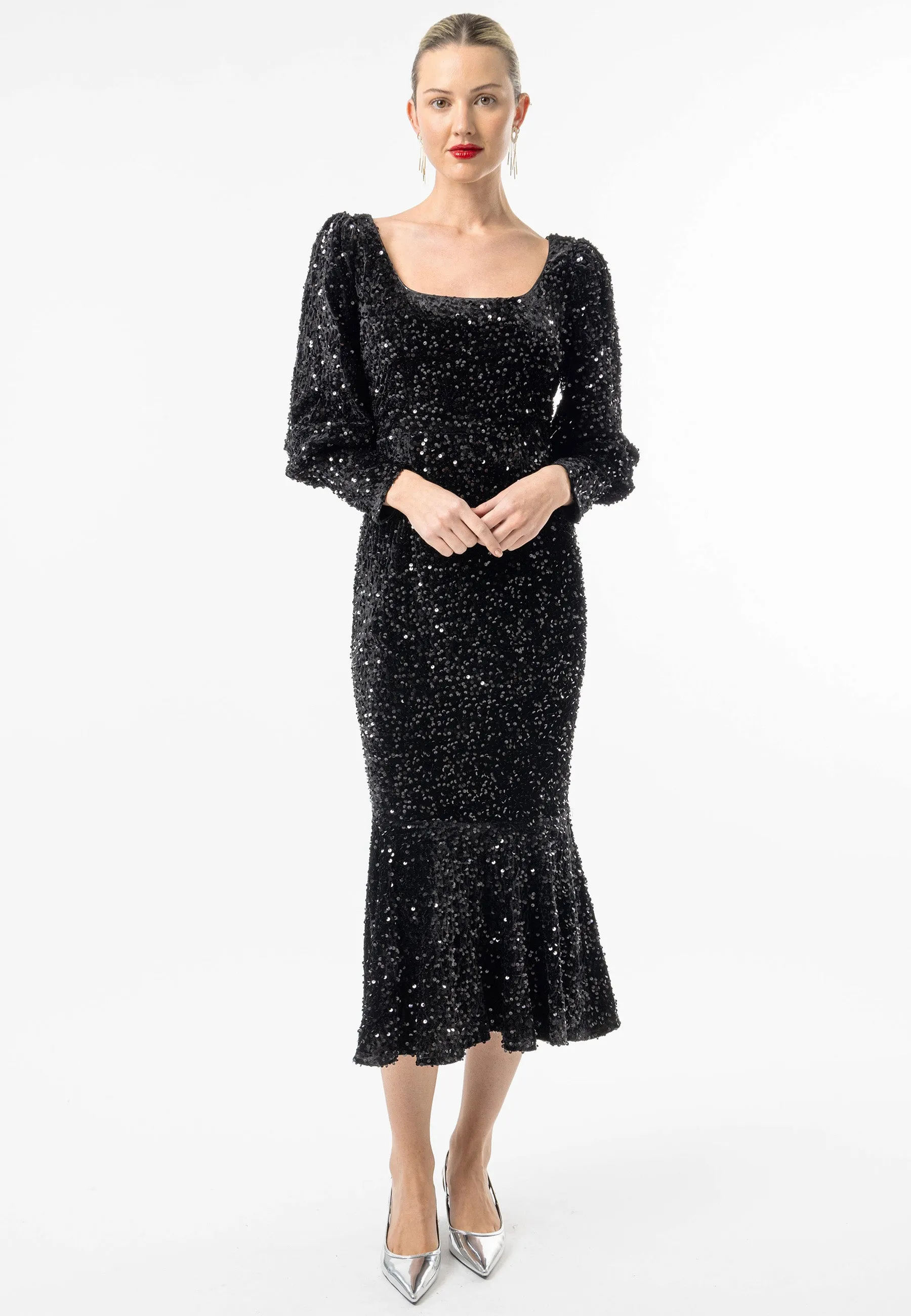 Sequin Velvet Bodycon Long Sleeve Evening Dress In Black