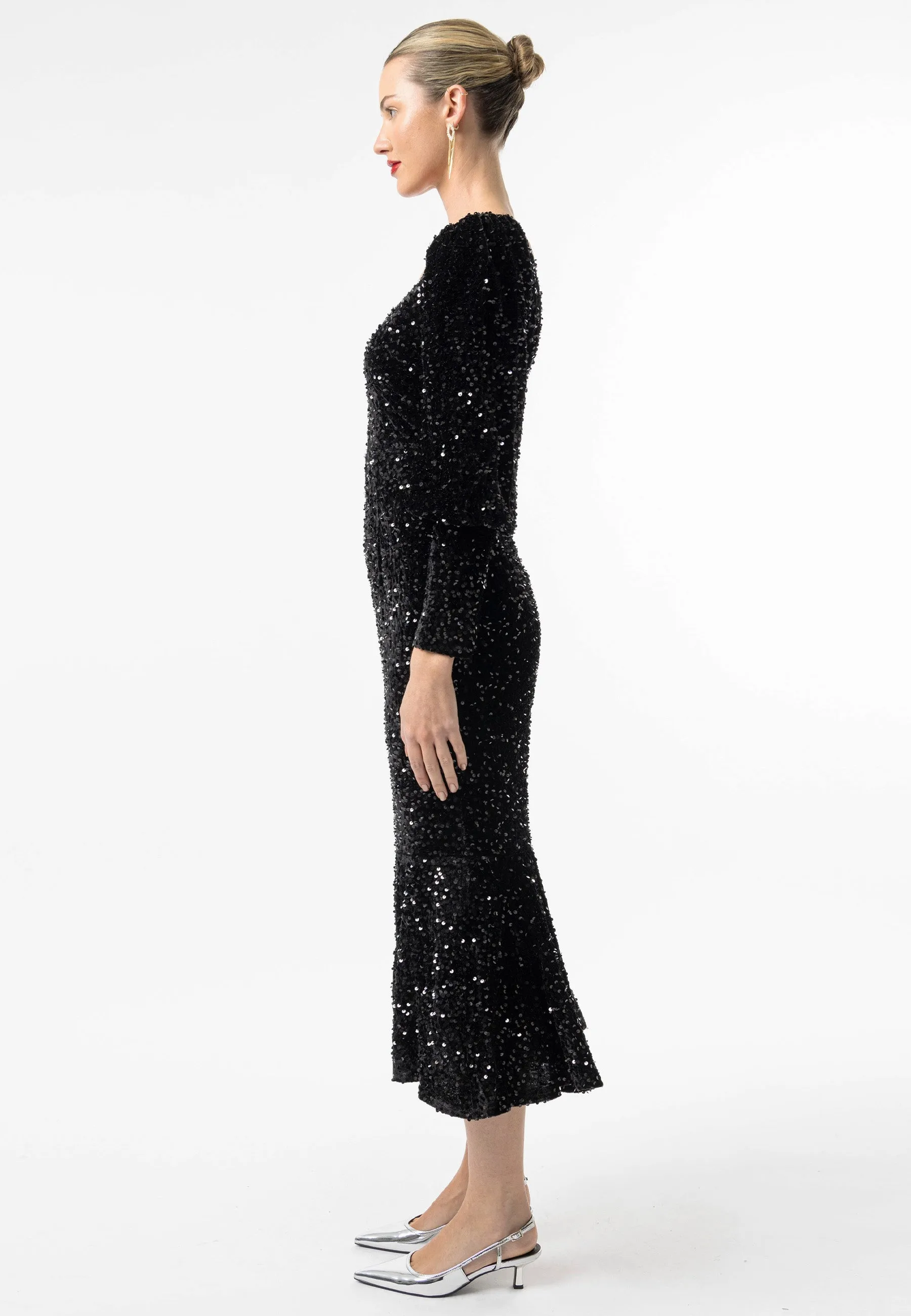 Sequin Velvet Bodycon Long Sleeve Evening Dress In Black