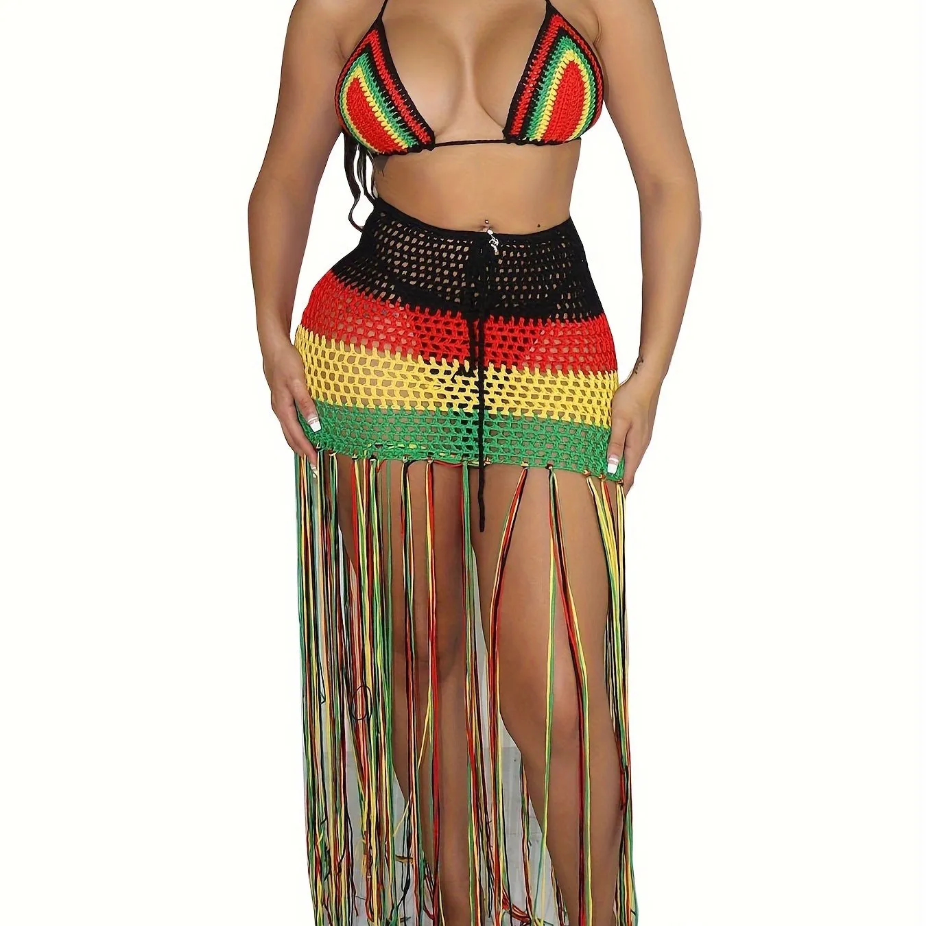 Sexy 2 Piece Rastafarian Color Striped Print Crochet Knit Bikini Top And Tassel Maxi Skirt Coverup Set