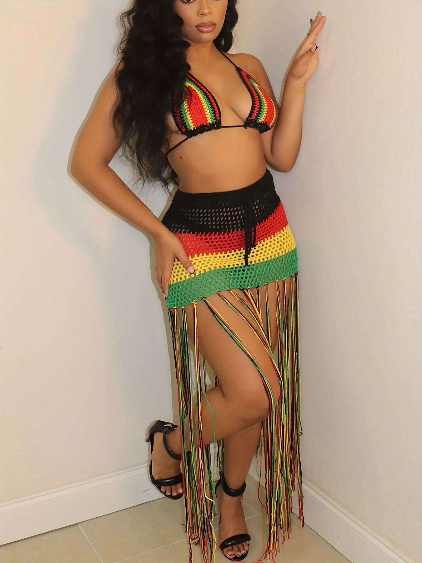 Sexy 2 Piece Rastafarian Color Striped Print Crochet Knit Bikini Top And Tassel Maxi Skirt Coverup Set