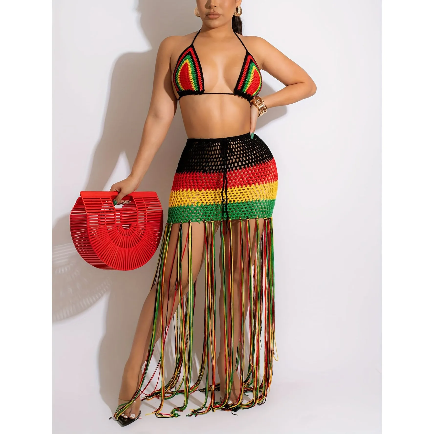 Sexy 2 Piece Rastafarian Color Striped Print Crochet Knit Bikini Top And Tassel Maxi Skirt Coverup Set