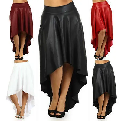 Sexy Plus Size Skirt Faux Leather High Waist New Hi Lo Midi Maxi Stretch Long