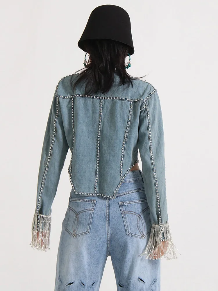 Spliced Diamonds Denim Jackets For Women Lapel Long Sleeve Patchwork Tassel Casual Jacket Female Fashion Clothing