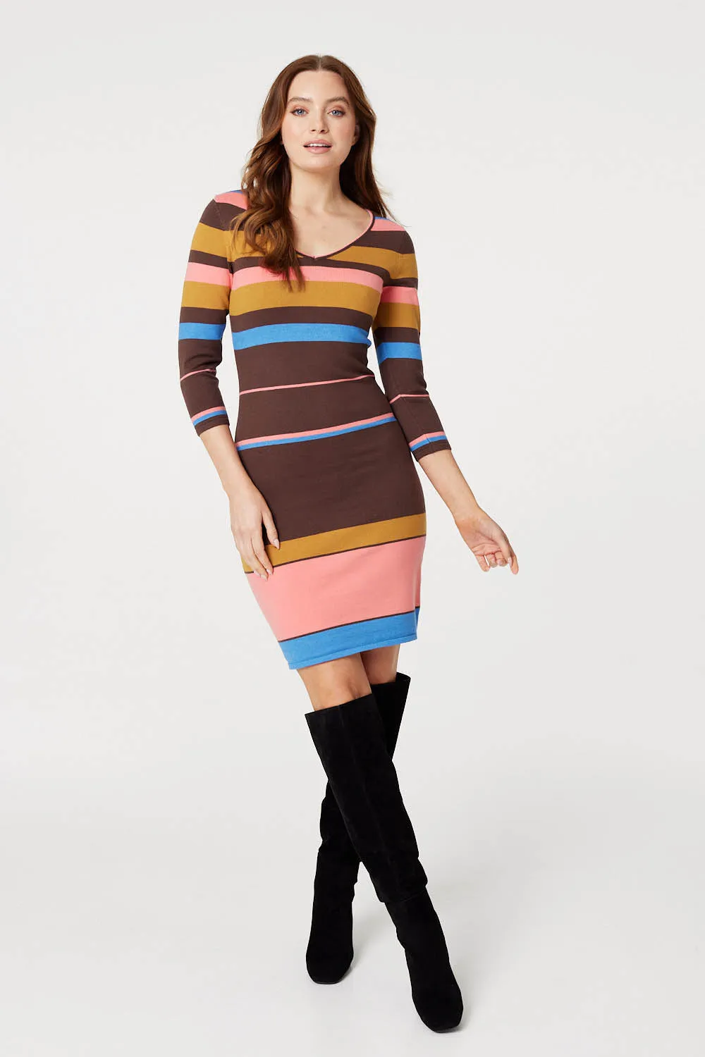 Striped 3/4 Sleeve Knit Dress