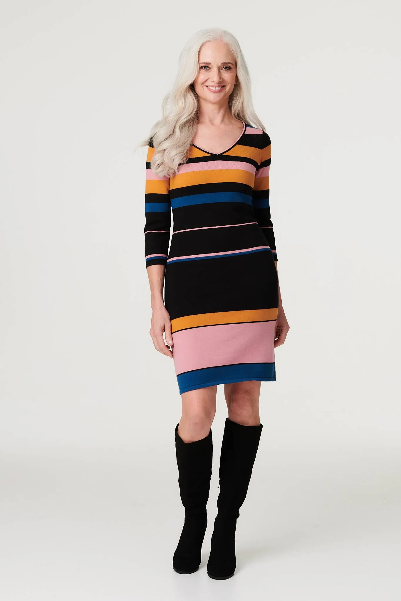 Striped 3/4 Sleeve Knit Dress