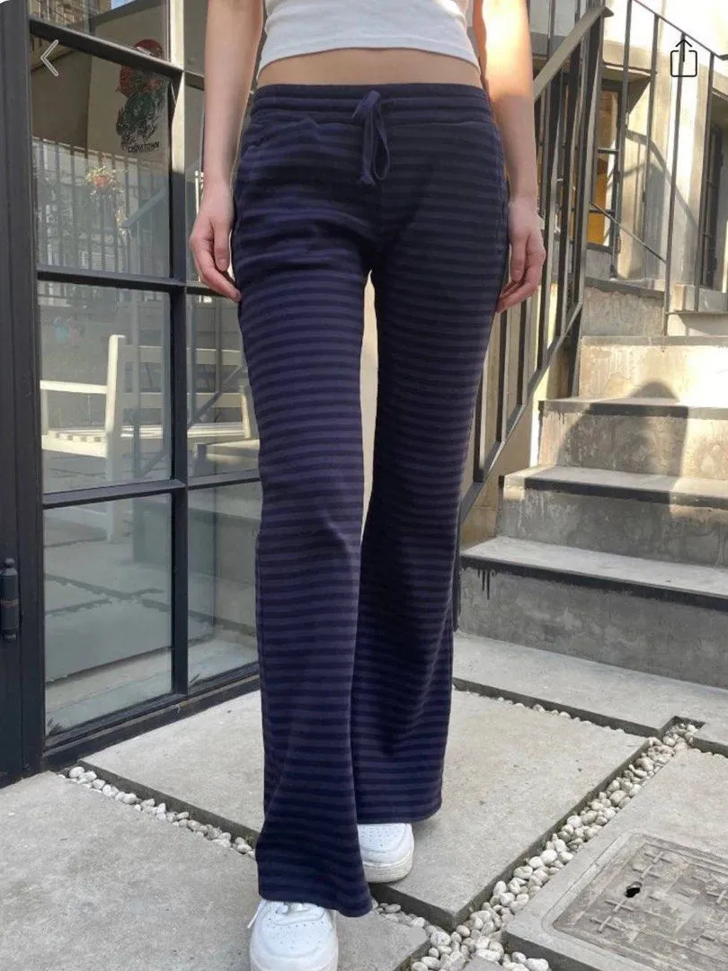 TAVIMART  -  Navy Striped Sport Flare Pants Women Autumn New Cotton High Waist Drawstring Trousers American Vintage Streetwear Sweatpants Y2k