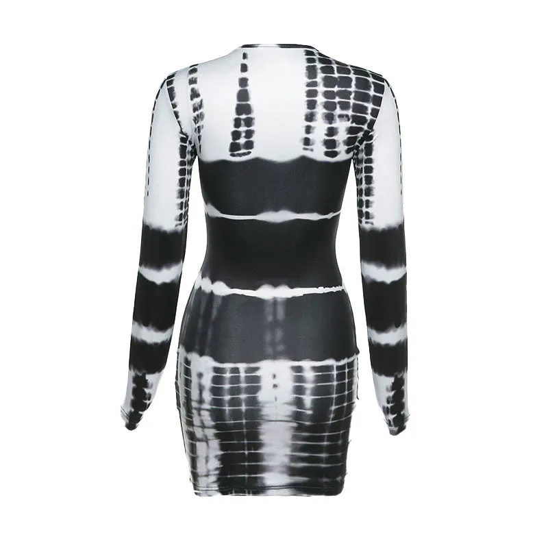 Trendy Mélange Tie Dye Bodycon Long Sleeve Mini Dress - Black