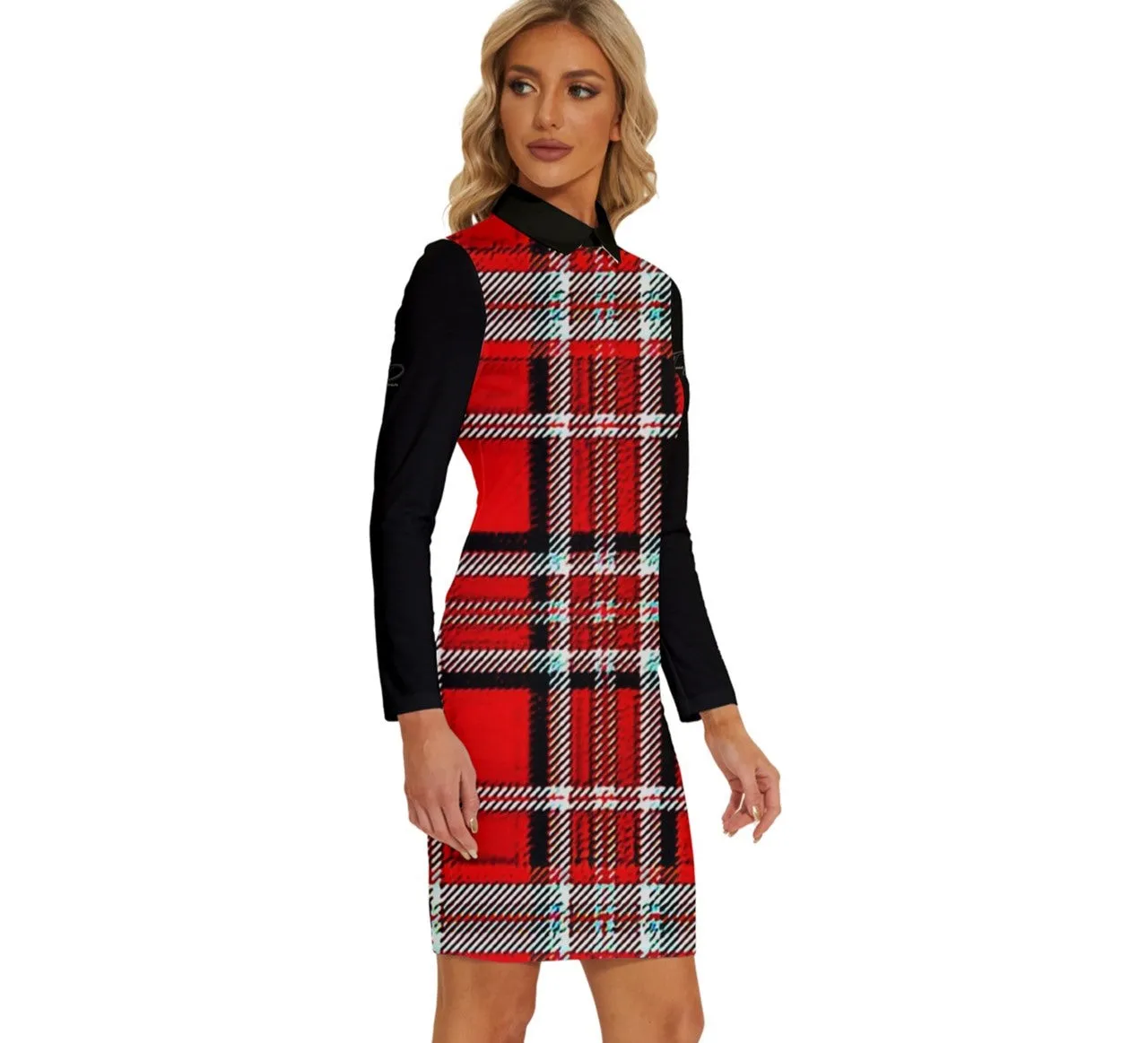 TRP Twisted Patterns 06: Digital Plaid 01-03A Designer Long Sleeve Collared Bodycon Mini Dress