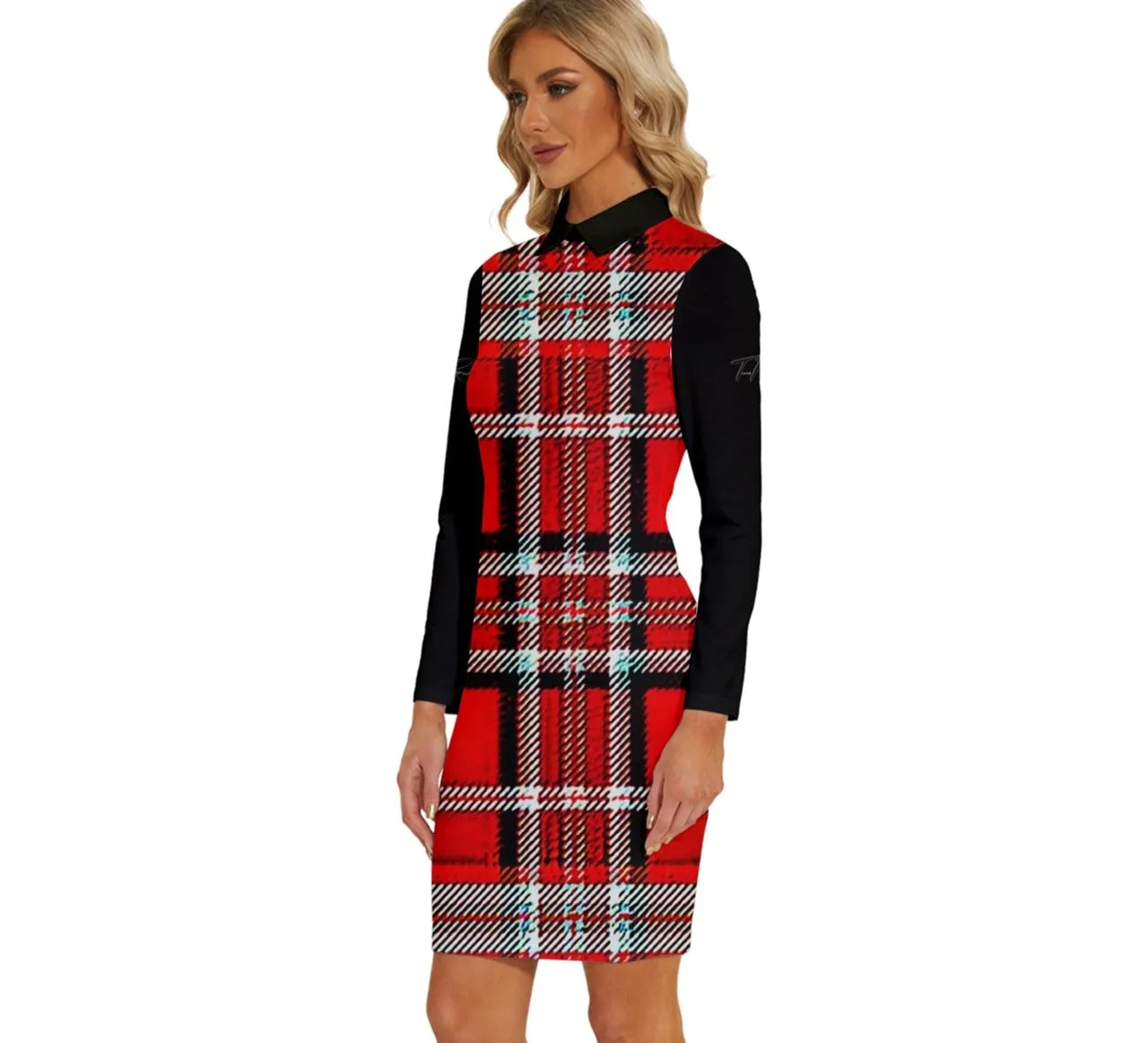 TRP Twisted Patterns 06: Digital Plaid 01-03A Designer Long Sleeve Collared Bodycon Mini Dress