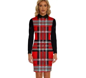 TRP Twisted Patterns 06: Digital Plaid 01-03A Designer Long Sleeve Collared Bodycon Mini Dress