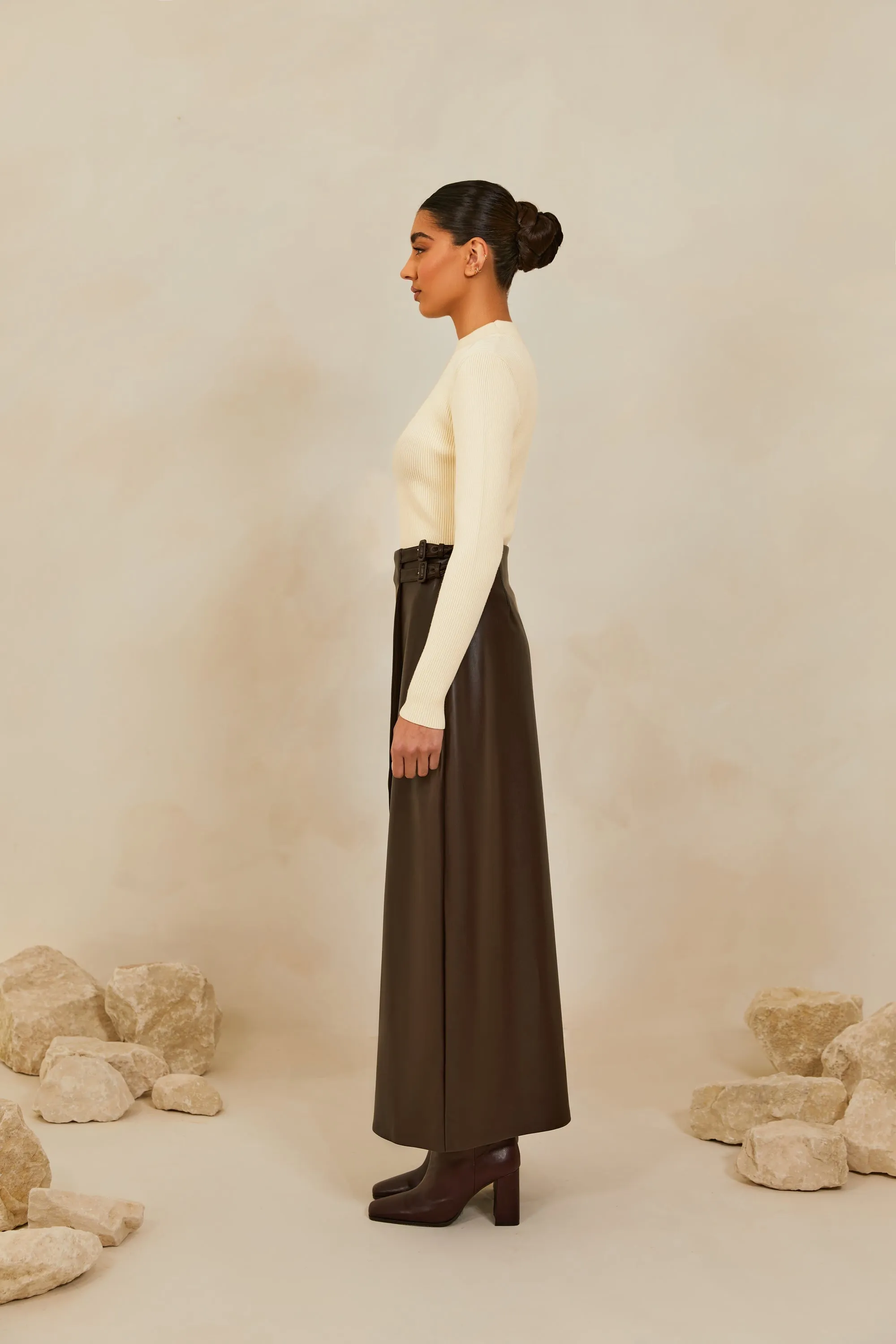 Vegan Leather Wrap Maxi Skirt - Java