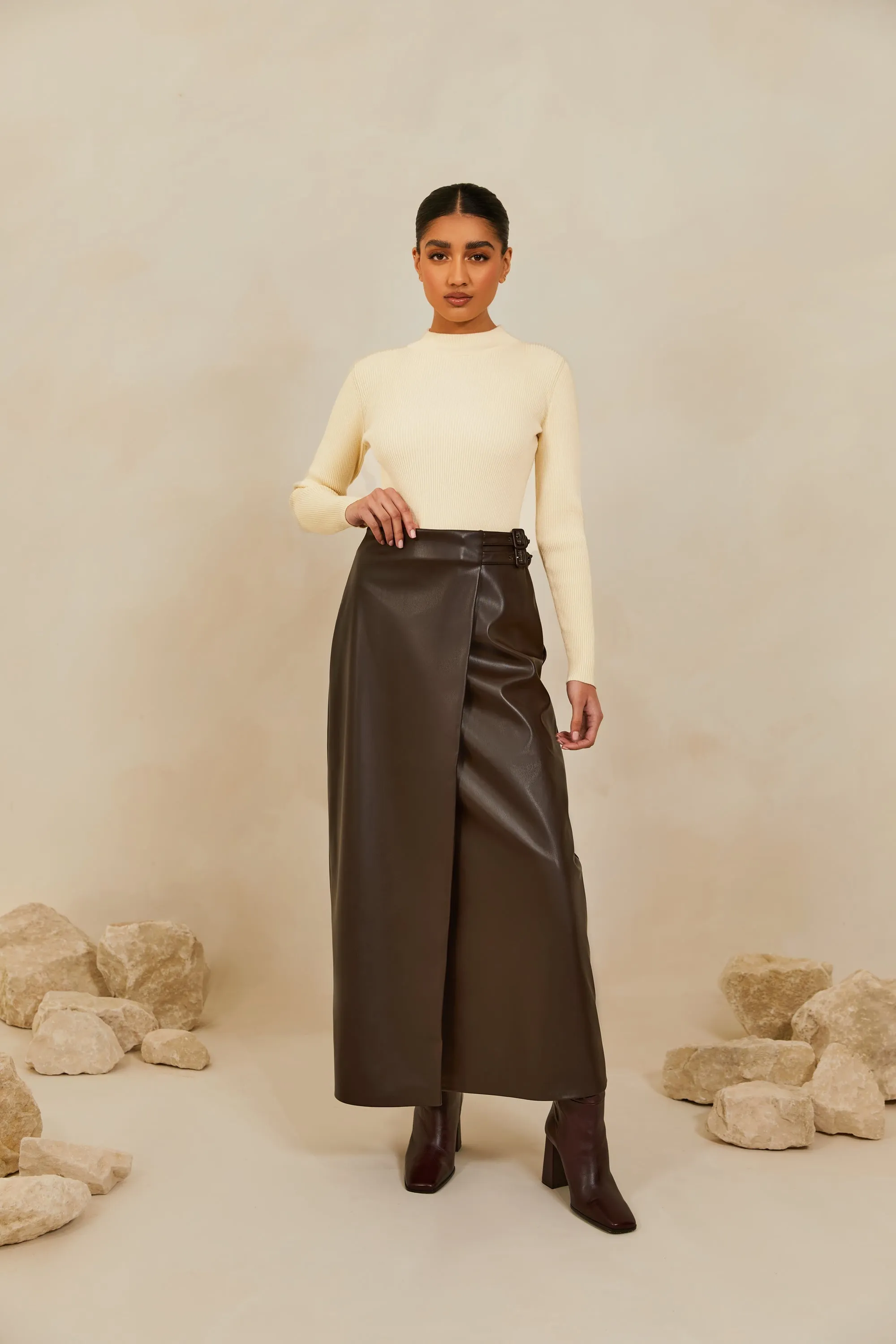 Vegan Leather Wrap Maxi Skirt - Java