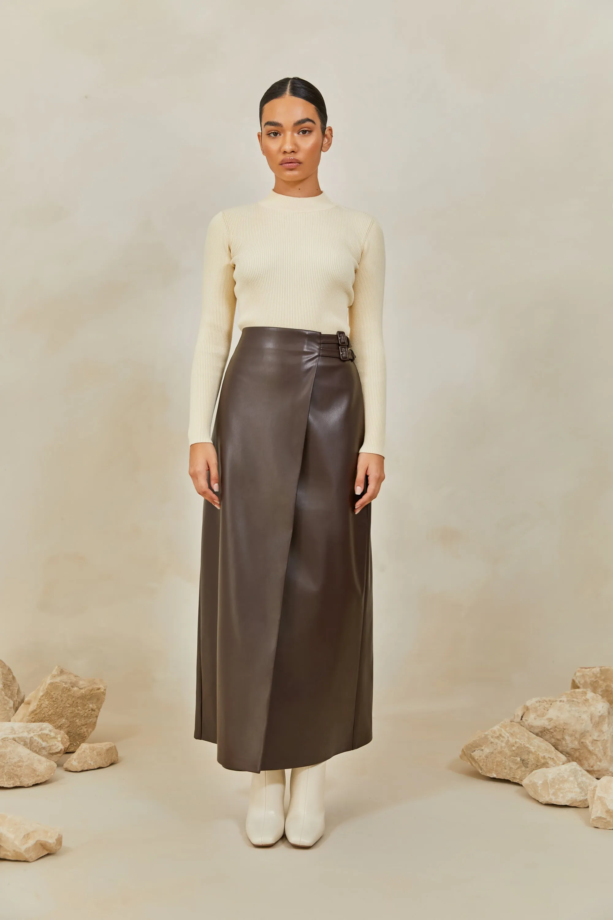 Vegan Leather Wrap Maxi Skirt - Java