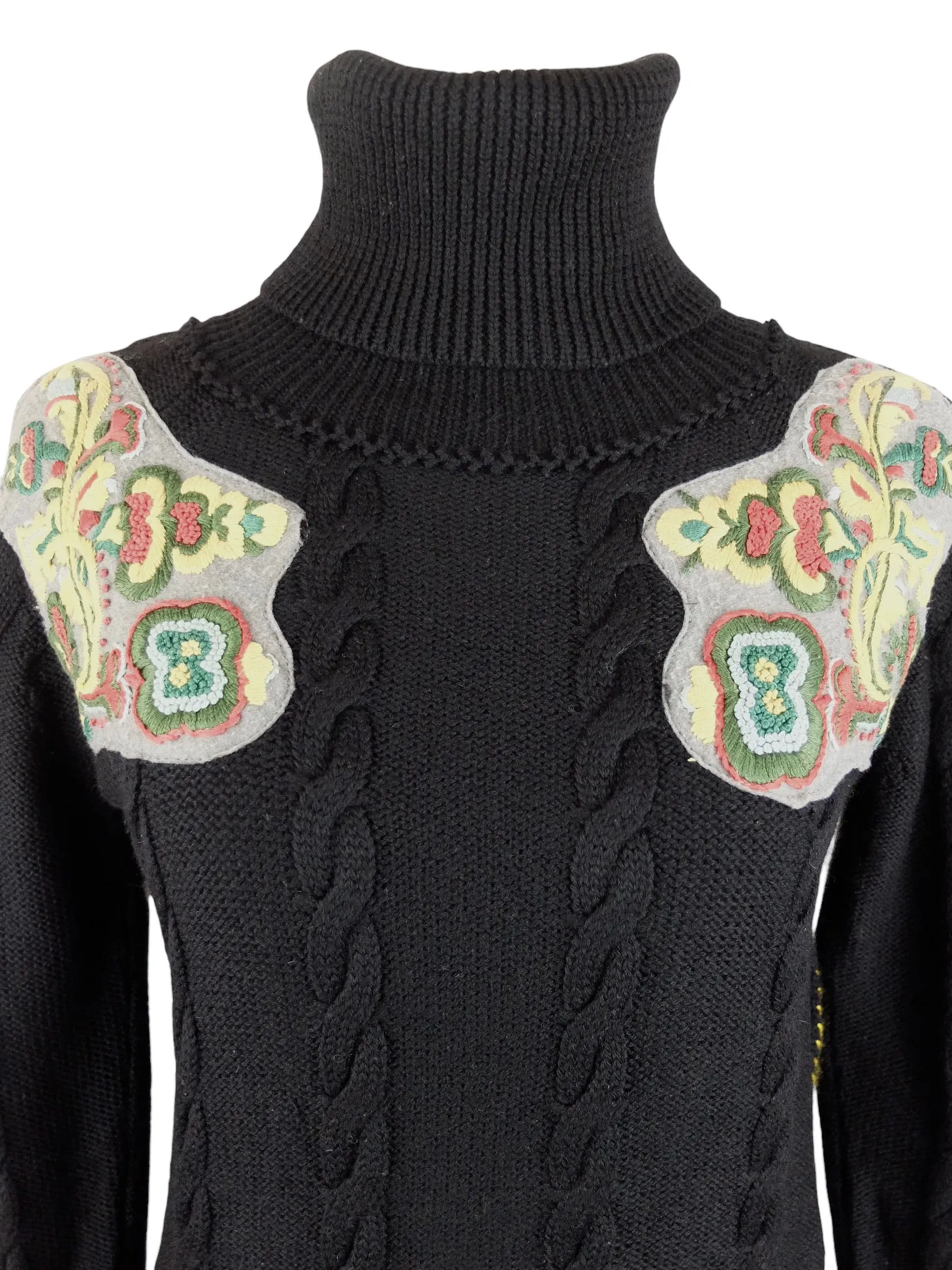 Vintage 00s Y2K Subversive Wool Black Knit Roll Neck Turtleneck Sweater Jumper with Patchwork Appliqué Detail