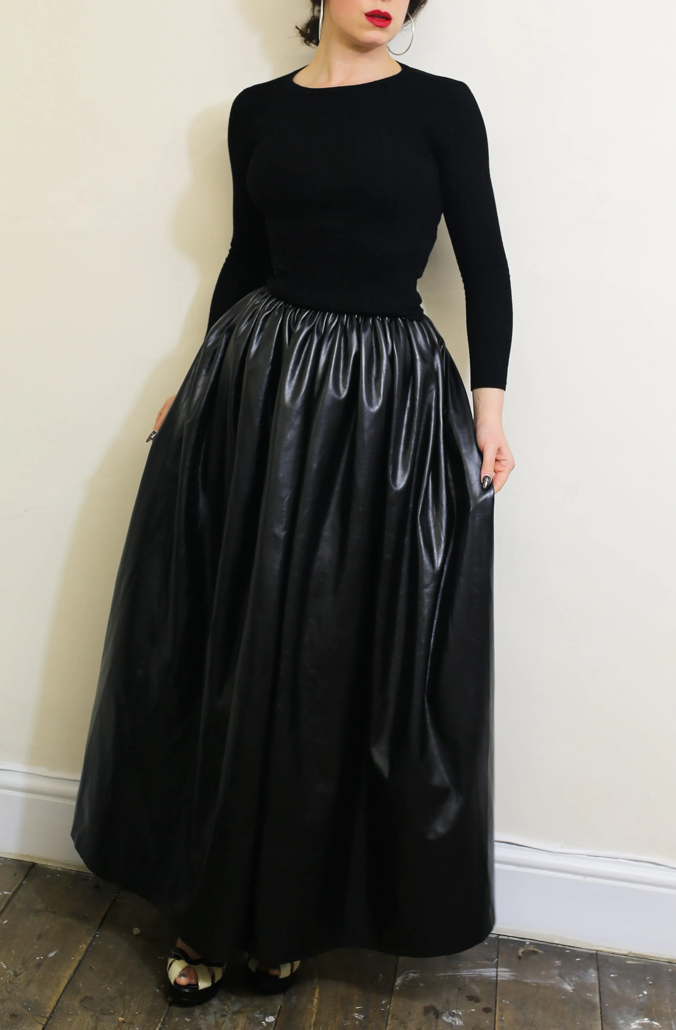 Vintage 1980s Black Faux Leather Maxi Skirt