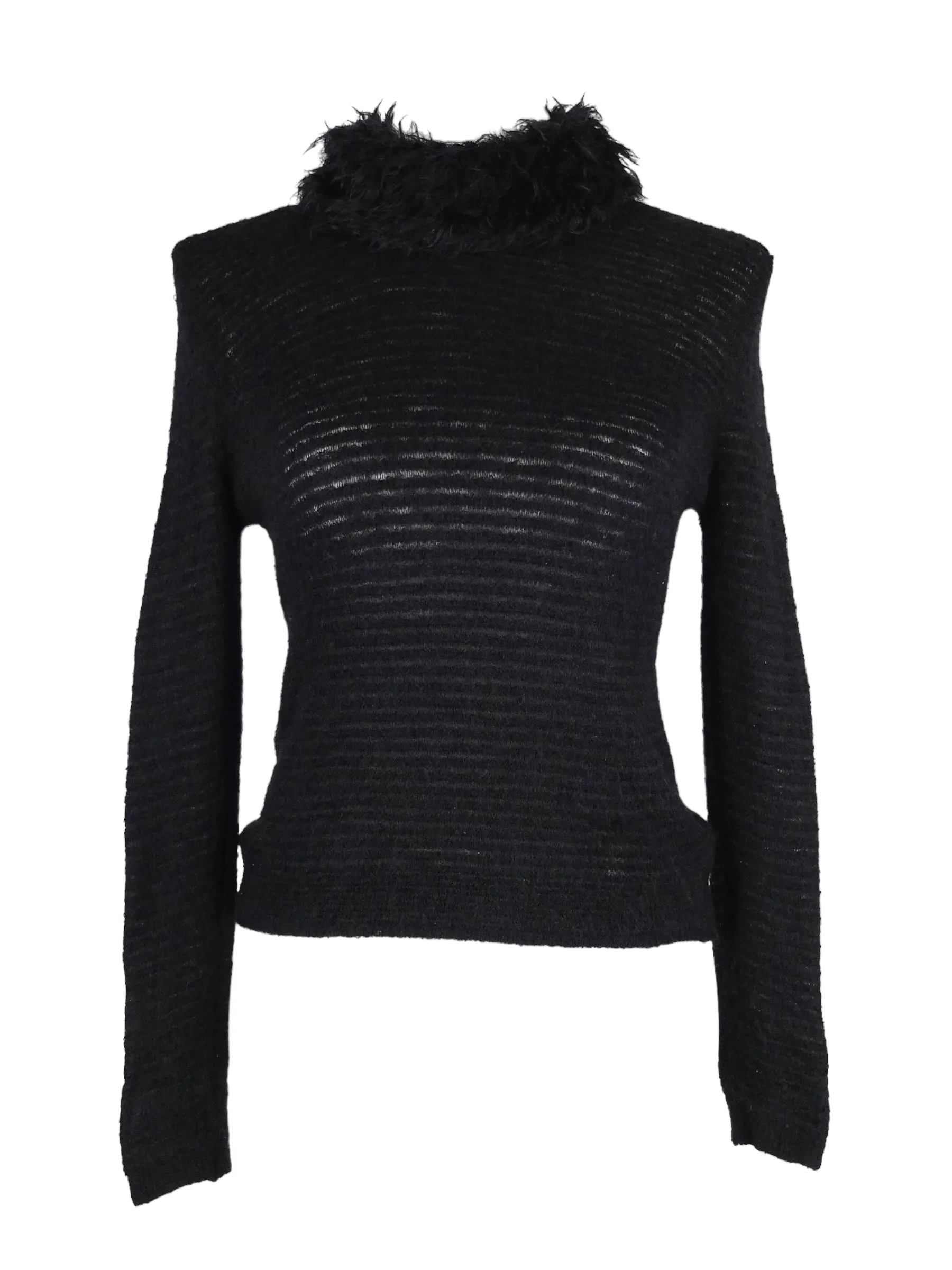 Vintage 2000s Y2K Chic Preppy Black Knit Pullover Long Sleeve Turtleneck Sweater Blouse with Fuzzy Collar