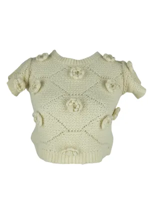 Vintage 2000s Y2K Mod Preppy Cream Crochet Knit Sweater Blouse with Floral Rose Detail