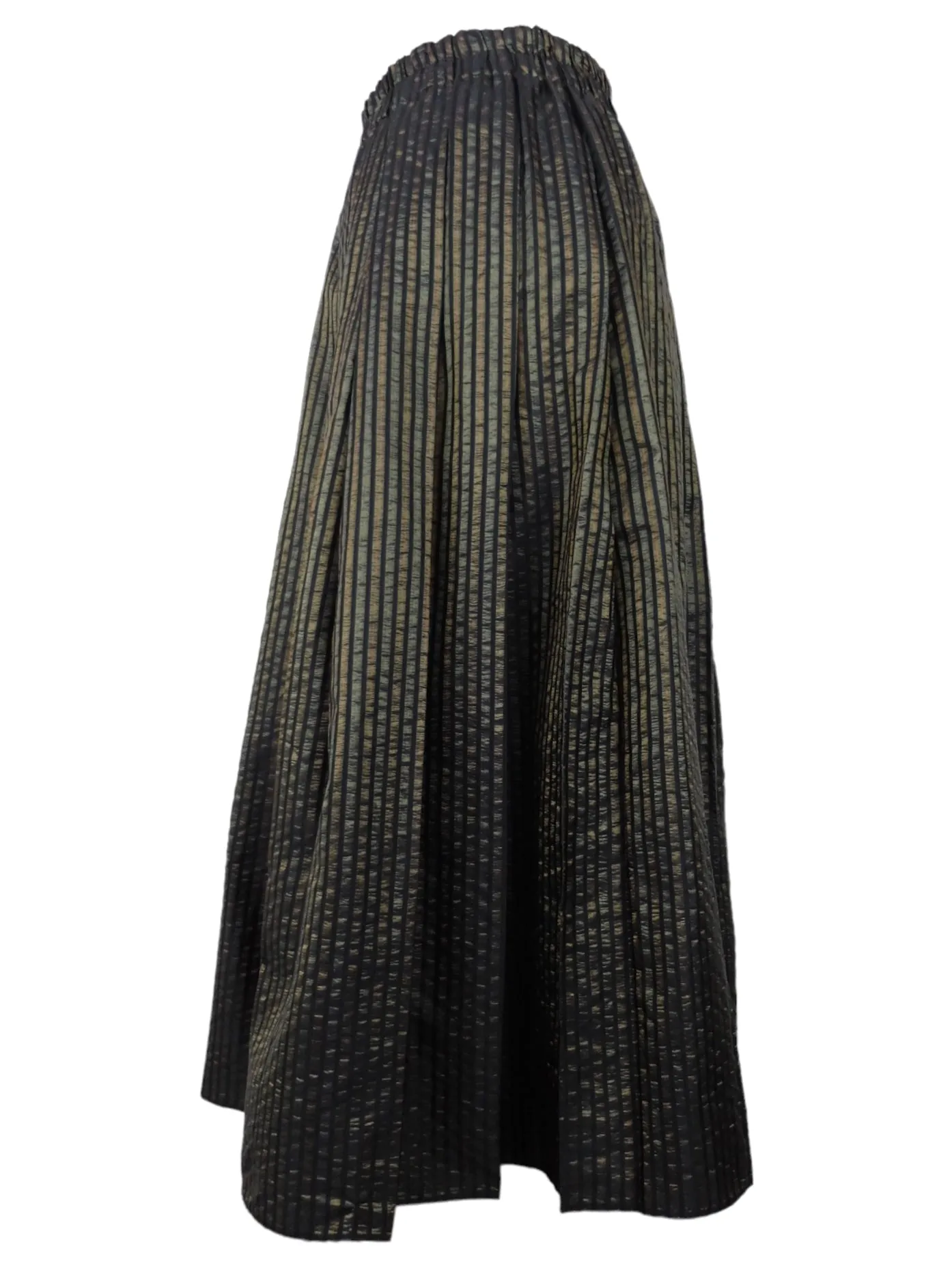 Vintage 80s Mod Formal Party Metallic Black & Green High Waisted Striped Full Circle Maxi Skirt | 31-35 Inch Waist