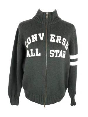 Vintage 90s Y2K Chuck Taylor Converse All Star Preppy Academia Style Dark Green & White Striped Ribbed High Roll Neck Double Zip Up Sweater Jumper | Men’s Size S