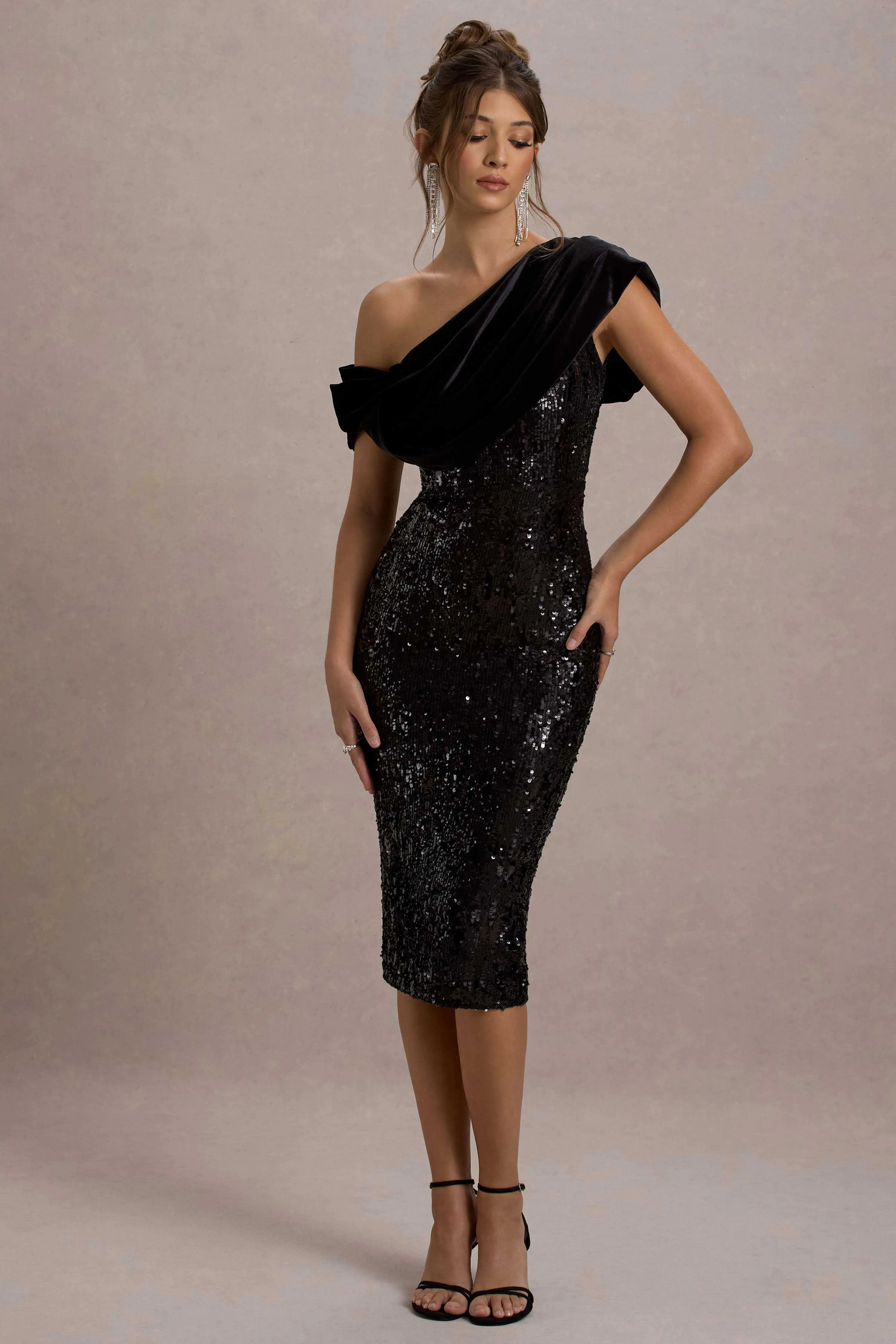 Volute | Black Sequin One-Shoulder Draped Midi Dress