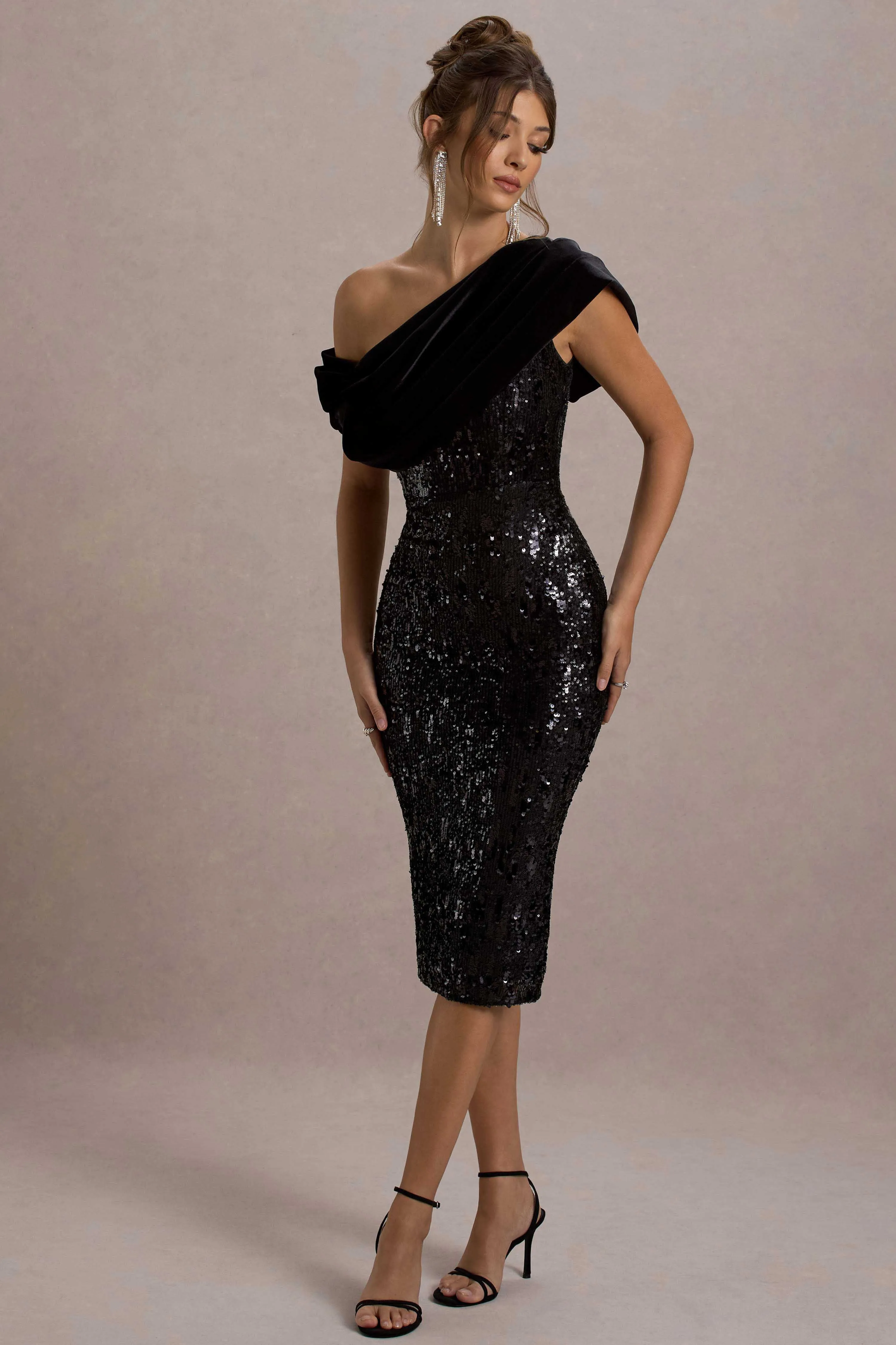 Volute | Black Sequin One-Shoulder Draped Midi Dress