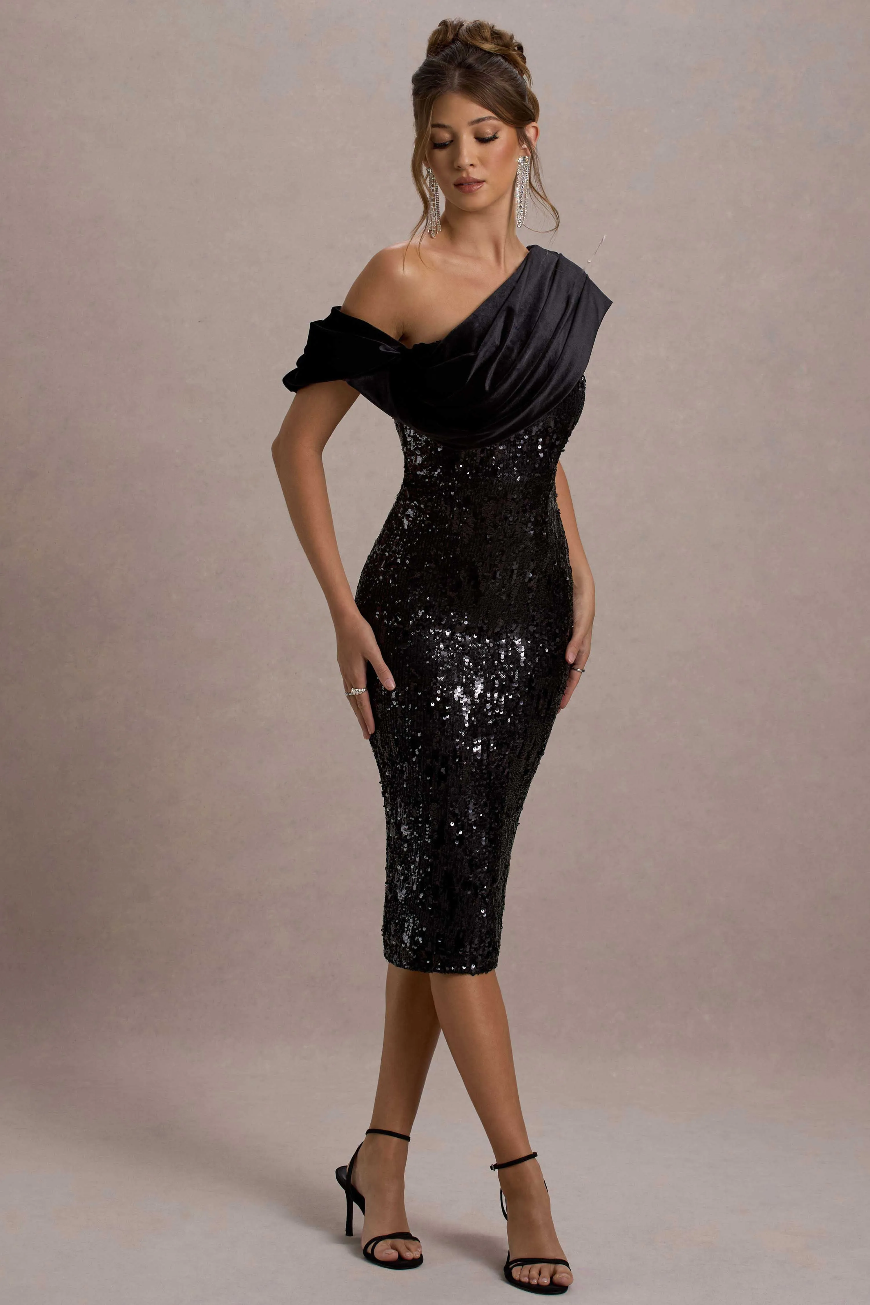 Volute | Black Sequin One-Shoulder Draped Midi Dress