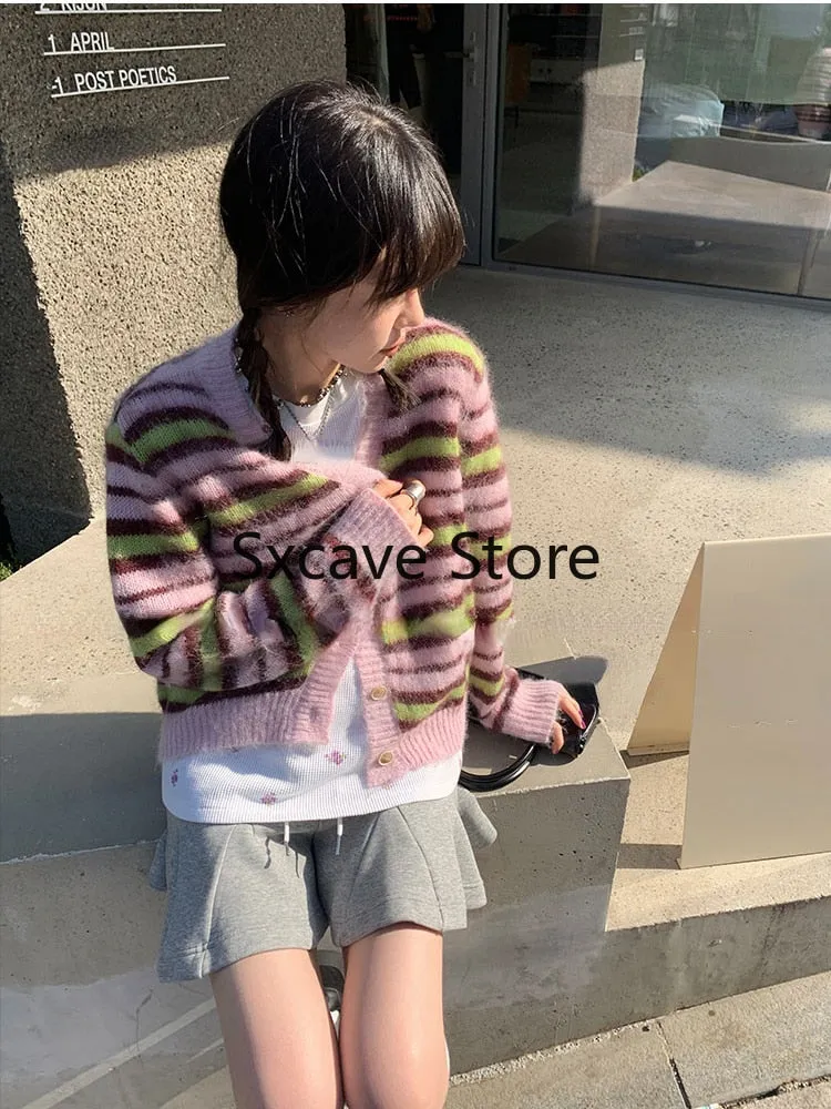 Wenkouban 2023 Autumn Faux Fure Knitted Cardigan Women Casual Long Sleeve Button Kawaii Clothing Striped Sweater Female Korean Style Tops