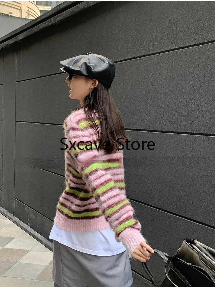 Wenkouban 2023 Autumn Faux Fure Knitted Cardigan Women Casual Long Sleeve Button Kawaii Clothing Striped Sweater Female Korean Style Tops