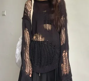 Wenkouban Gothic Hollow Out Sweater Hole See Through Oversized Knitted Pullovers Emo Streetwear Grunge Clothes Y2k Tops Spring