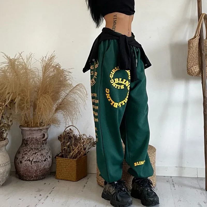 Wenkouban Green Print Jogging Sweatpants Women Korean Fashion Oversize Joggers Sports Pants Hippie Wide Leg Trousers Kpop Streetwear