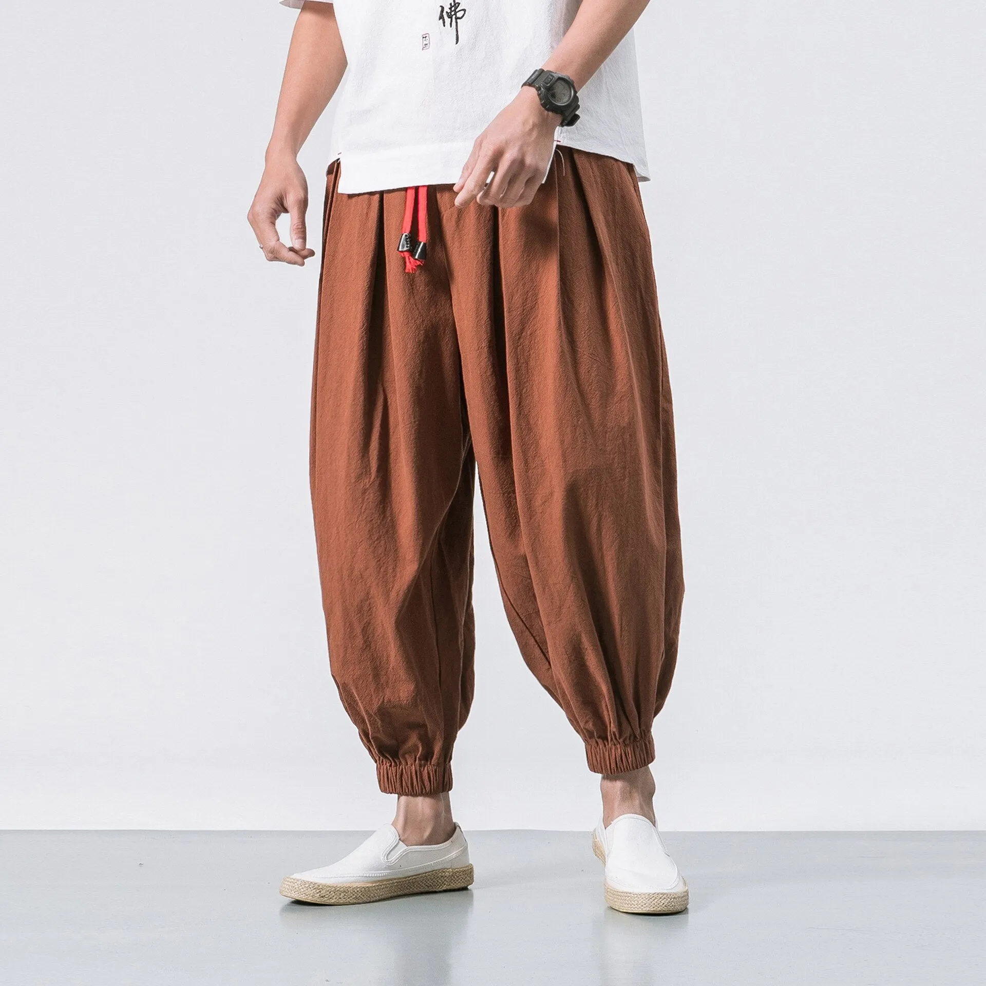 Wenkouban Mens Vintage Hip Hop Style Baggy Jeans New Chinese Style Harem Pants Men Streetwear Casual Joggers Mens Pants Cotton Linen Sweatpants Ankle-Length Men Trousers M-5XL