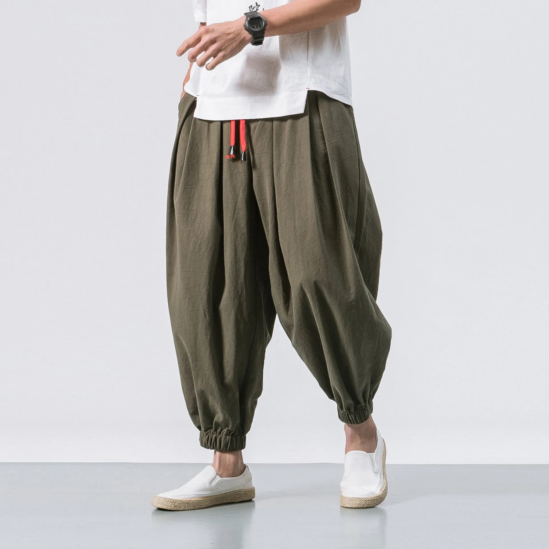 Wenkouban Mens Vintage Hip Hop Style Baggy Jeans New Chinese Style Harem Pants Men Streetwear Casual Joggers Mens Pants Cotton Linen Sweatpants Ankle-Length Men Trousers M-5XL