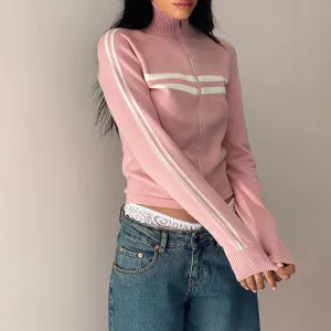 Wenkouban Vintage Cropped Pink Cardigan Women Streetwear Y2k Zip Up Striped Knitted Sweater Casual Basic Long Sleeve Tops New