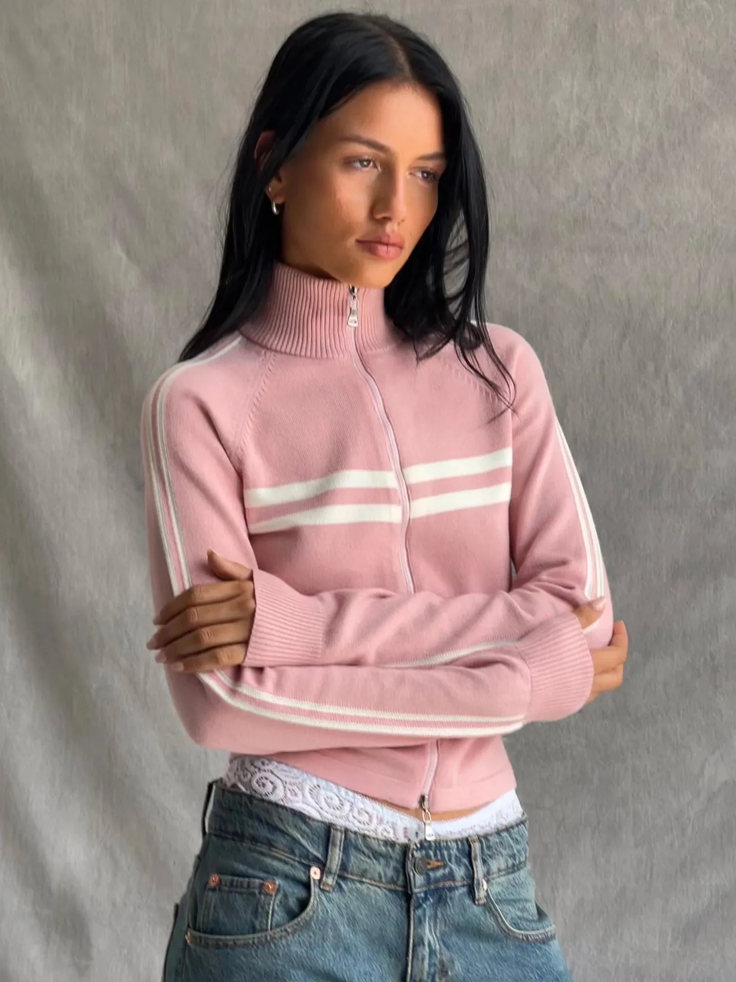 Wenkouban Vintage Cropped Pink Cardigan Women Streetwear Y2k Zip Up Striped Knitted Sweater Casual Basic Long Sleeve Tops New