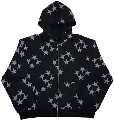 Wenkouban y2k Star Print Hooded Cardigan Zipper Loose Men's and Women's Fashion Brand Sweater Coat