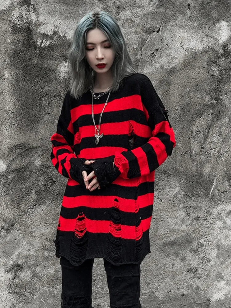 Wenkouban Y2K Striped Sweaters Washed Destroyed Ripped Sweater Couple Hole Knit Jumpers Tops Unisex Oversized Pullovers Harajuku Su茅teres