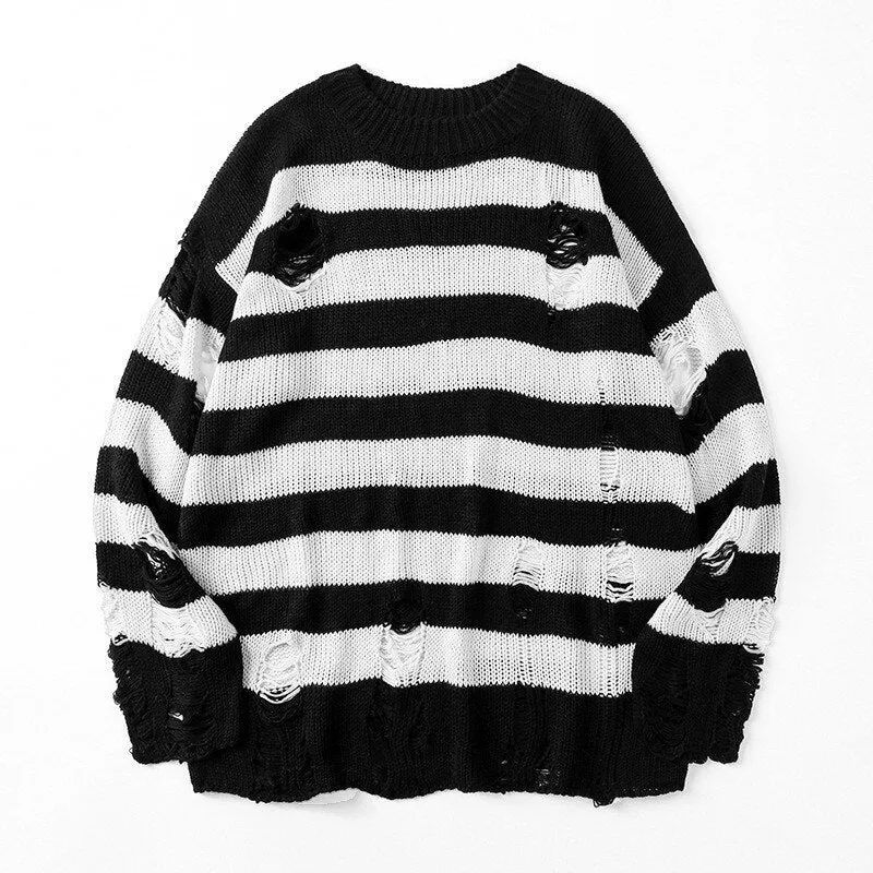 Wenkouban Y2K Striped Sweaters Washed Destroyed Ripped Sweater Couple Hole Knit Jumpers Tops Unisex Oversized Pullovers Harajuku Su茅teres