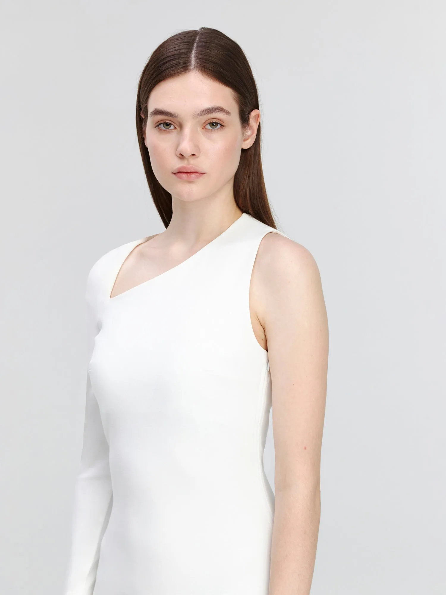 White One Sleeve Asymmetric Neck Bodycon Evening Minimalist Midi Dress